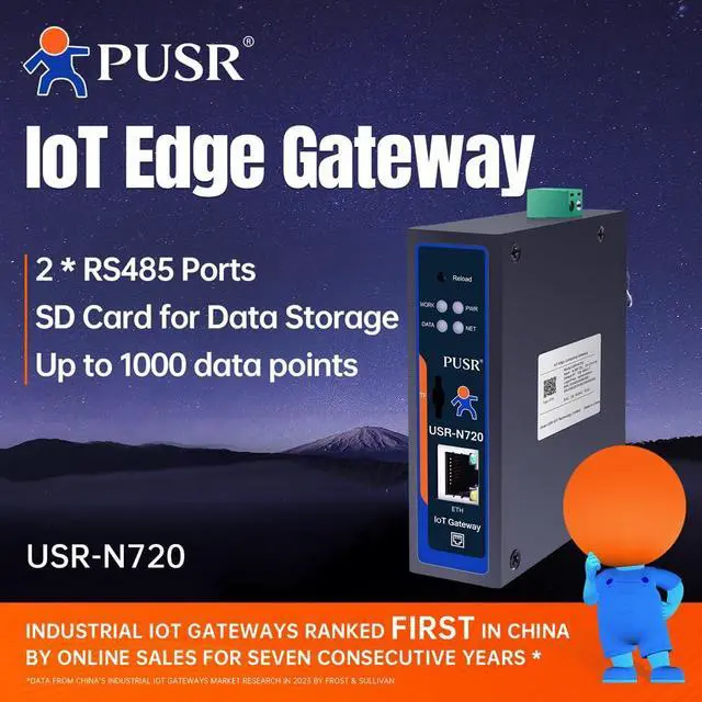 Alt view image 2 of 6 - Edge Computing IoT Gateway 2*RS485 1*Ethernet with SD Card for Data Storage Modbus to MQTT/Json DL645 to MQTT+Json RS485 to Ethernet USR-N720-ETH