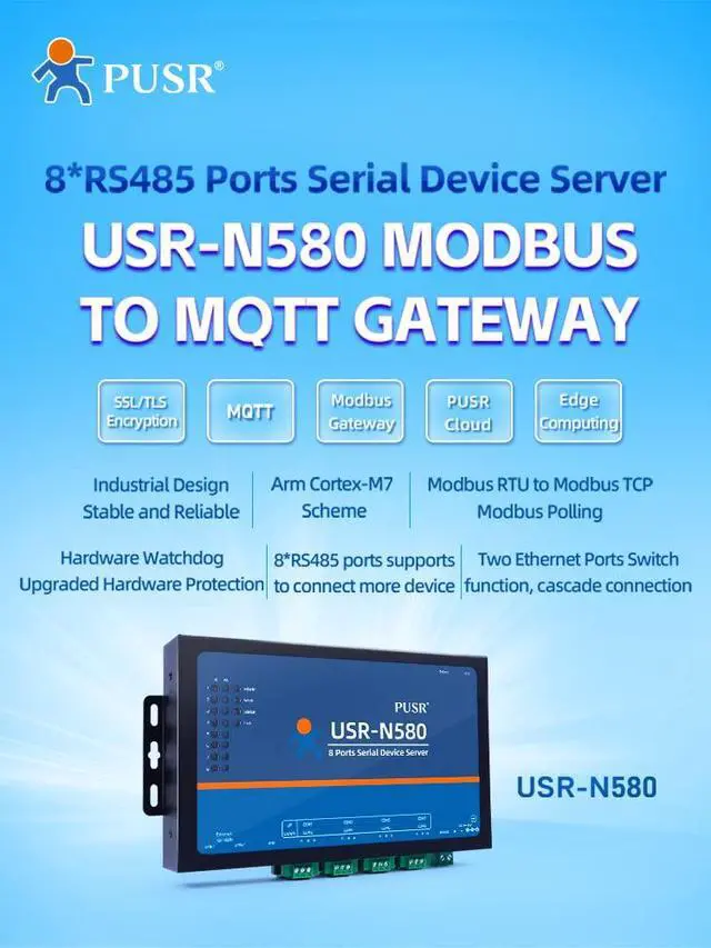 Alt view image 2 of 7 - 8 Ports MQTT Modbus Gateway Support SSL/TLS Edge Computing RS485 Serial to ethernet Converter Device Server USR-N580