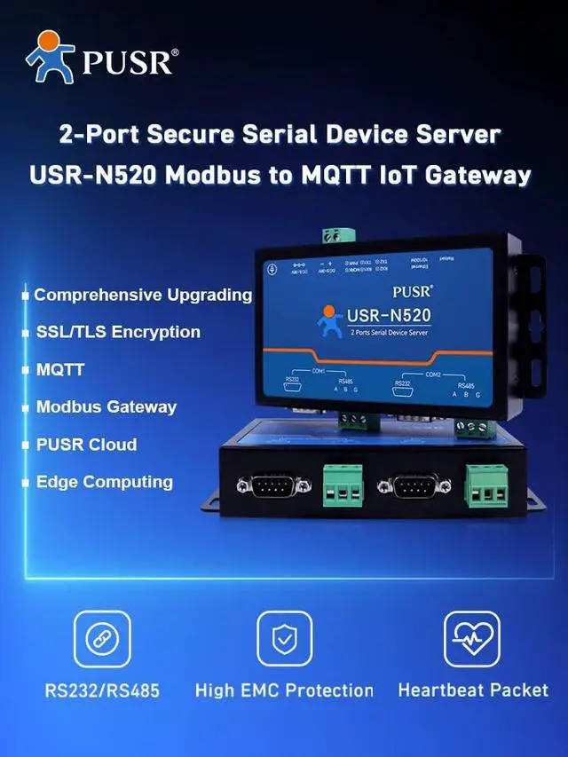 Alt view image 3 of 7 - 2 Port Serial RS485 to Ethernet Converter Supports MQTT Modbus RTU to Modbus TCP USR-N520