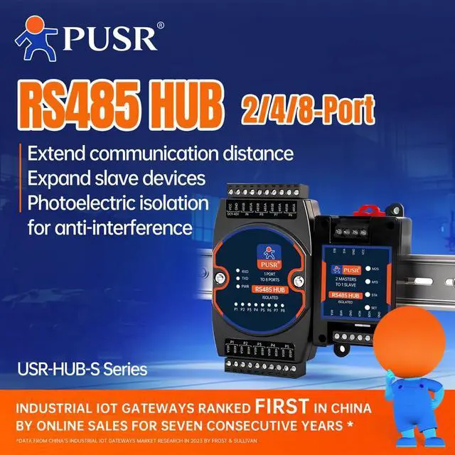 Alt view image 3 of 7 - Industrial RS485 Hub 1 Master 8 Slaves Cached Concentrator Active Polling No Packet Loss Opto-Isolation Wide Power Input USR-HUB108S-DC
