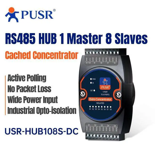 Alt view image 2 of 7 - Industrial RS485 Hub 1 Master 8 Slaves Cached Concentrator Active Polling No Packet Loss Opto-Isolation Wide Power Input USR-HUB108S-DC