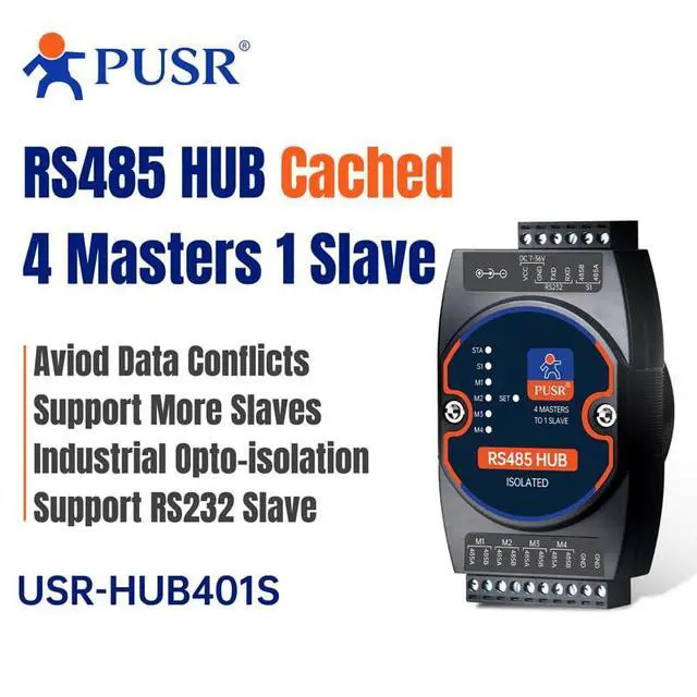 Alt view image 2 of 7 - Industrial RS485 Hub Cached 4 Masters 1 Slave Aviod Data Conflicts Support More Slaves Industrial Opto-isolaton Support RS232 Slave USR-HUB401S