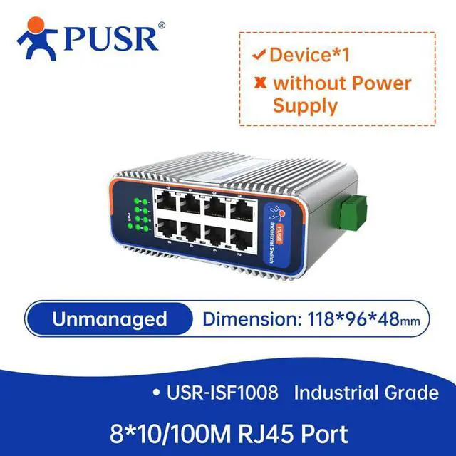Alt view image 2 of 5 - 100M 8 Ports Industrial Ethernet Switch Plug & Play -40°C~85°C Lighting Protection 6KV Dustproof Design IP40 Protection USR-ISF1008