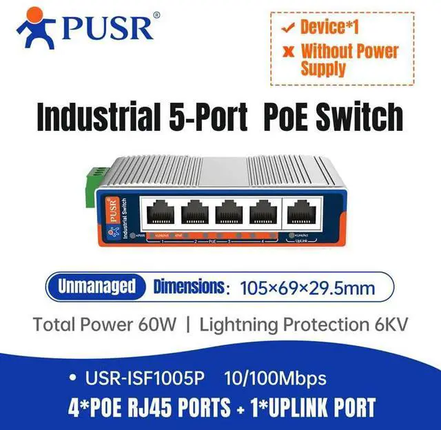 Alt view image 3 of 7 - 100Mbps 4*POE Ports+1*Uplink Port Industrial Grade POE Switch 5*RJ45Ports Aluminum Alloy Shell Design Support Wire Plug-and-Play DIN Rail USR-ISF1005P