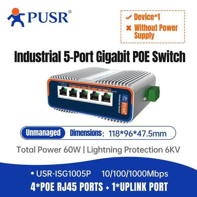 Alt view image 2 of 7 - 1000M 4*POE RJ45 Ports+1*UPLINK Port Unmanaged Gigabit Industrial Ethernet Switch Plug & Play USR-ISG1005P