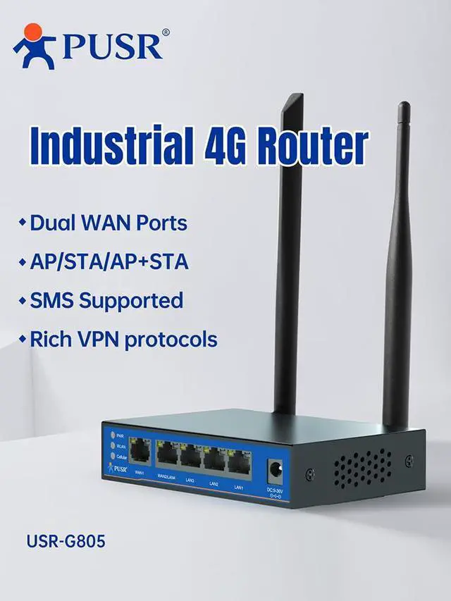 Alt view image 2 of 6 - Global Band Dual SIM Industrial LTE Cat4 Cellular Router with 5 Ethernet Ports Dual WAN Rich VPN Repeater USR-G805s-G