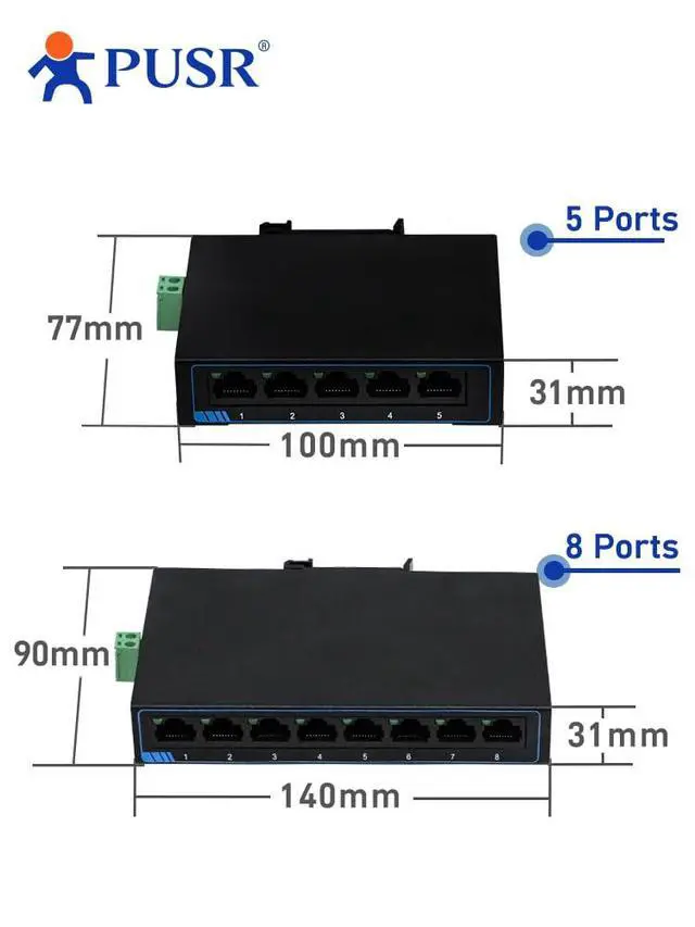 Alt view image 7 of 7 - 100M 8 Ports Ethernet Network Switch DC or Terminal Power Supply Plug and Play Supports Auto MDI/MDIX DIN Rail Installation and Desktop Placement Iron Casing USR-SF1008