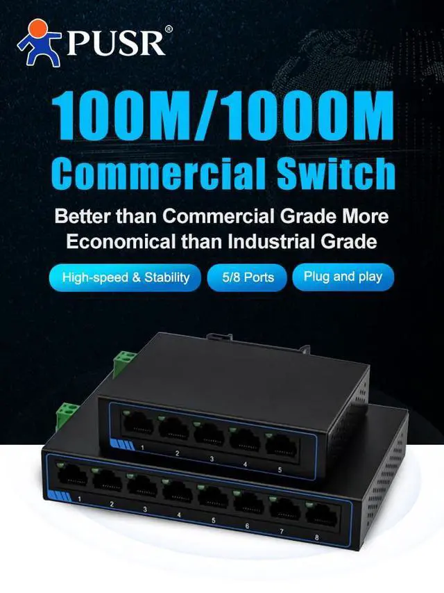 Alt view image 2 of 7 - 100M 8 Ports Ethernet Network Switch DC or Terminal Power Supply Plug and Play Supports Auto MDI/MDIX DIN Rail Installation and Desktop Placement Iron Casing USR-SF1008