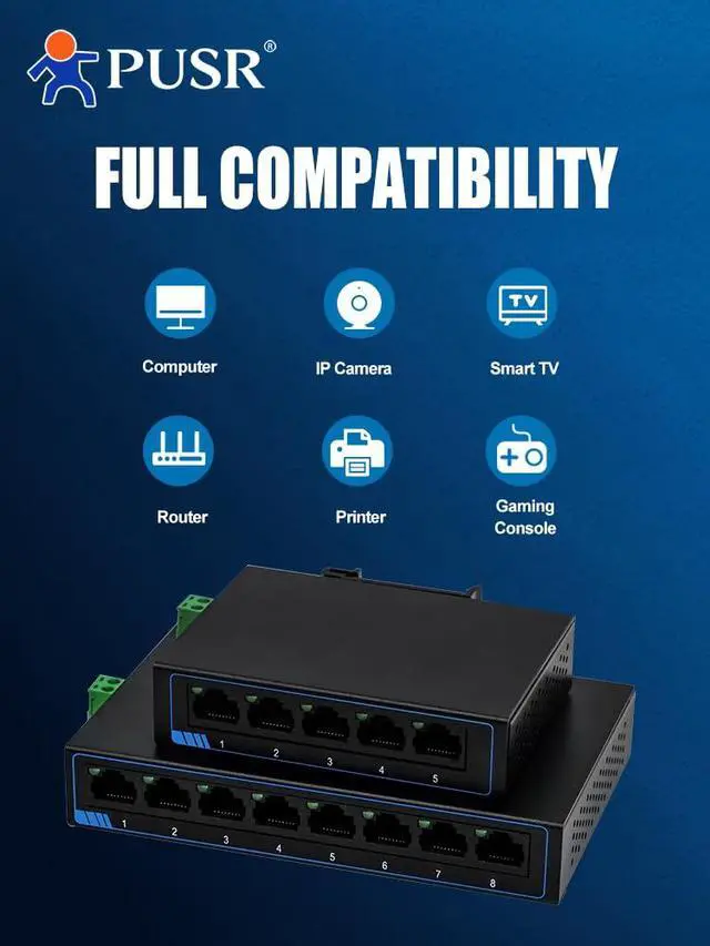 Alt view image 5 of 7 - 100M 8 Ports Ethernet Network Switch DC or Terminal Power Supply Plug and Play Supports Auto MDI/MDIX DIN Rail Installation and Desktop Placement Iron Casing USR-SF1008