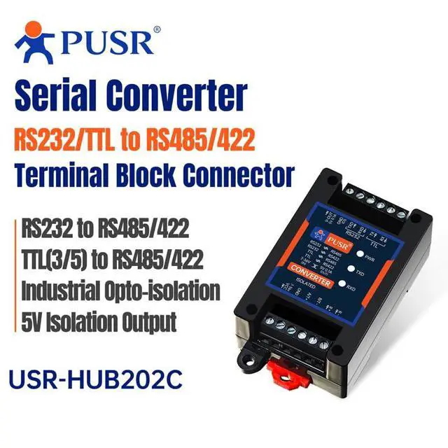 Alt view image 2 of 2 - RS232/TTL to RS485/422 Serial Converter Adapter Terminal Block Connector 5V Isolation Output USR-HUB202C-232TTL-K