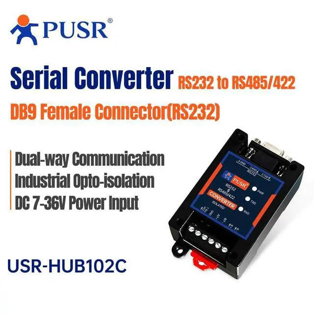Alt view image 2 of 2 - RS232 to RS485/422 Serial Converter Adapter Industrial DB9 Female Connector(RS232) USR-HUB102C-DB9-F