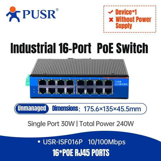 Alt view image 2 of 7 - 10/100Mbps 16*POE Port Industrial POE Ethernet Switch 802.3af/at POE+ (Port 1 to Port 16) USR-ISF016P