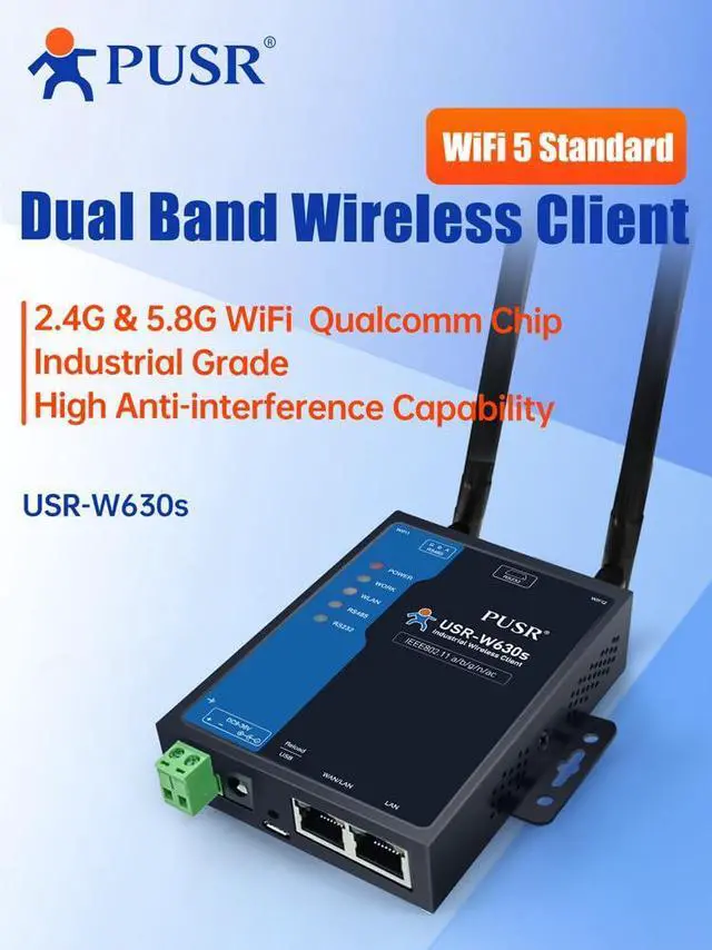 Alt view image 2 of 7 - Industrial Grade Dual Band WIFi5 Wireless Client Modbus Gateway MQTT 2 Ethernet Ports Serial RS232 RS485 to WiFi Converter USR-W630s