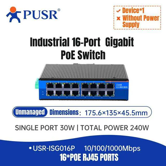 Alt view image 2 of 7 - 16 Port 10/100/1000 Base-TX Industrial POE Switch Dual-redundant IP40 Rugged 48V DC to 57V DC Ethernet Media RJ45 Port USR-ISG016P