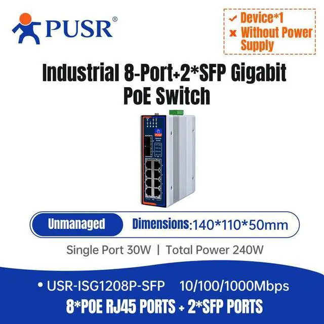 Alt view image 3 of 7 - 1000Mbps 8*POE Ports + 2*SFP Ports Industrial Grade POE Switch USR-ISG1208P-SFP