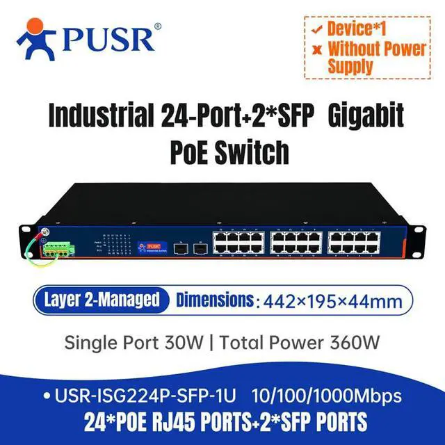 Alt view image 3 of 7 - 26 Port 10/100/1000 Managed Industrial Gigabit POE Switch 24*POE Ports + 2*SFP Ports 2G SFP uplink Supports 6KV DC USR-ISG224P-SFP-1U