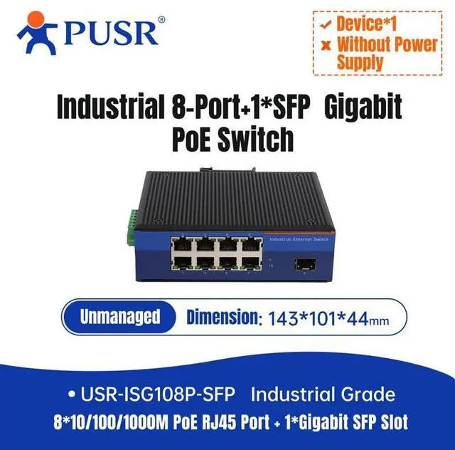 Alt view image 3 of 7 - 8*POE Ports+ 1*SFP Port Industrial POE Switch 10/100/1000M Base-T Adaptive Electrical Ports USR-ISG108P-SFP