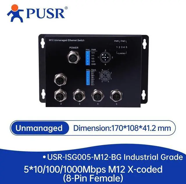 Alt view image 2 of 2 - 5 GE M12 Copper Ports Gigabit Industrial Switch Support 10/100/1000Mbps Unmanaged Ethernet for Railway Subway ntelligent Driving Emergency Communication Vehicles USR-ISG005-M12-BG