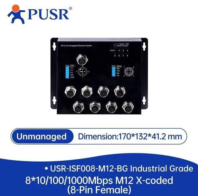 Alt view image 2 of 2 - 8*GE M12 Copper Ports Gigabit Industrial Switch Support 10/100/1000Mbps Unmanaged Ethernet for Railway Subway Vehicles USR-ISG008-M12-BG
