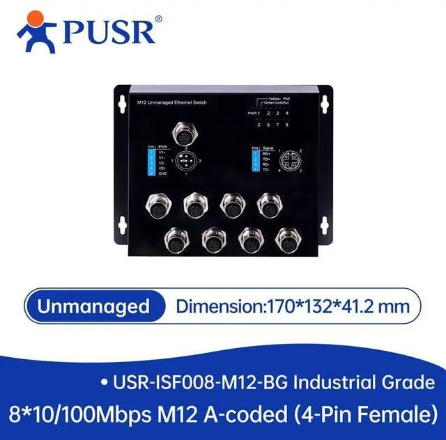 Alt view image 2 of 2 - 8 Port M12 Copper Ports 10/100Mbps Industrial Switch Support Unmanaged Ethernet for Railway Subway Specially Designed for Vehicles USR-ISF008-M12-BG
