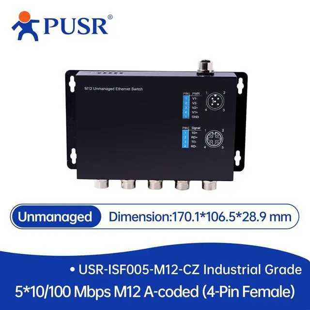 Alt view image 2 of 2 - 5 GE M12 Copper Ports Vehicle-Mounted Installation 10/100 Mbps Industrial Switch Unmanaged Ethernet for Railway Subway USR-ISF005-M12-CZ