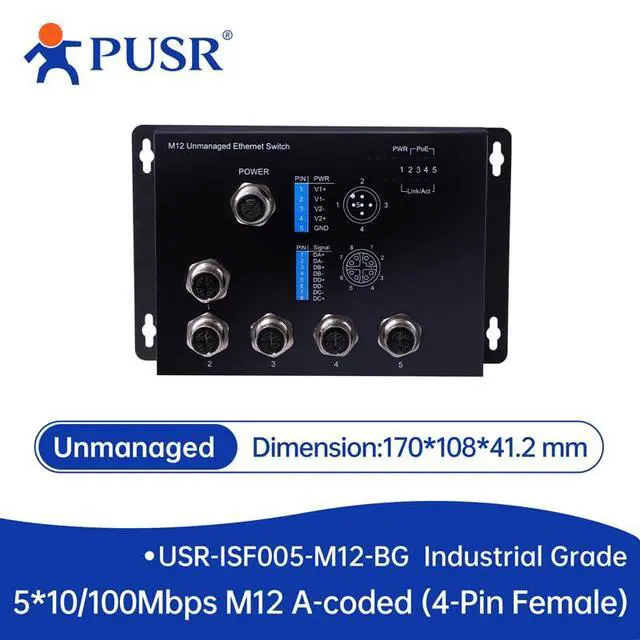 Alt view image 2 of 2 - 5 GE M12 Copper Ports 10/100Mbps Industrial Switch Support Unmanaged Ethernet for Railway Subway Vehicles Metal housing IP40 Protection USR-ISF005-M12-BG