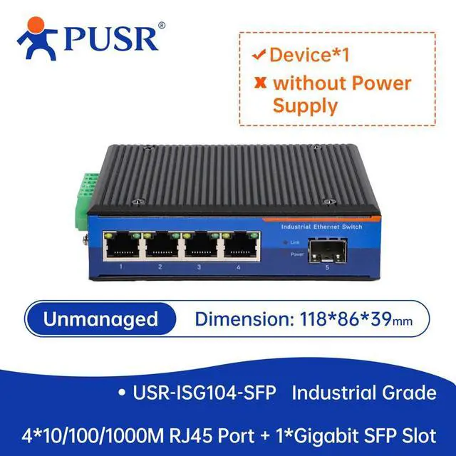 Alt view image 2 of 2 - 4*10/100/1000Mbps RJ45 Port+1*Gigabit SFP Slot Industrial Gigabit Unmanaged Ethernet Switch USR-ISG104-SFP