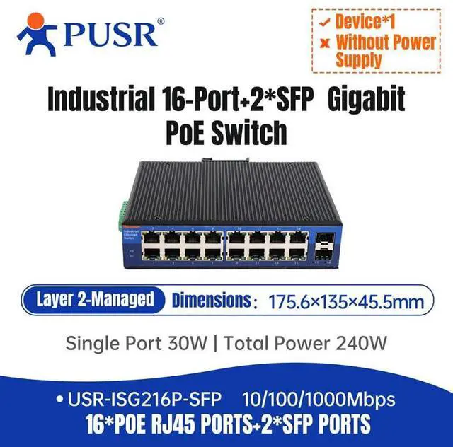 Alt view image 3 of 7 - 1000 Mbps 16*POE Ports + 2*SFP Ports Industrial Grade POE Switch USR-ISG216P-SFP
