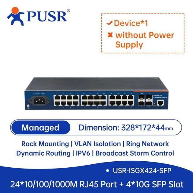 Alt view image 2 of 2 - 24*10/100/1000M RJ45 Ports+4*10G SFP Slot Industrial Gigabit Ethernet Switch Rack Mounting/VLAN Isolation/Ring Network USR-ISGX424-SFP