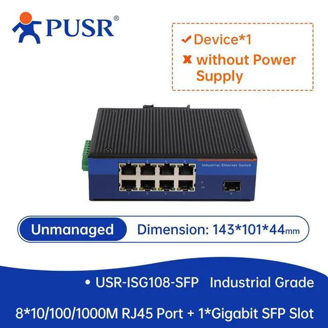 Alt view image 2 of 3 - 8*10/100/1000M RJ45 Port+1*Gigabit SFP Slot Industrial Unmanaged Gigabit Ethernet Switch USR-ISG108-SFP
