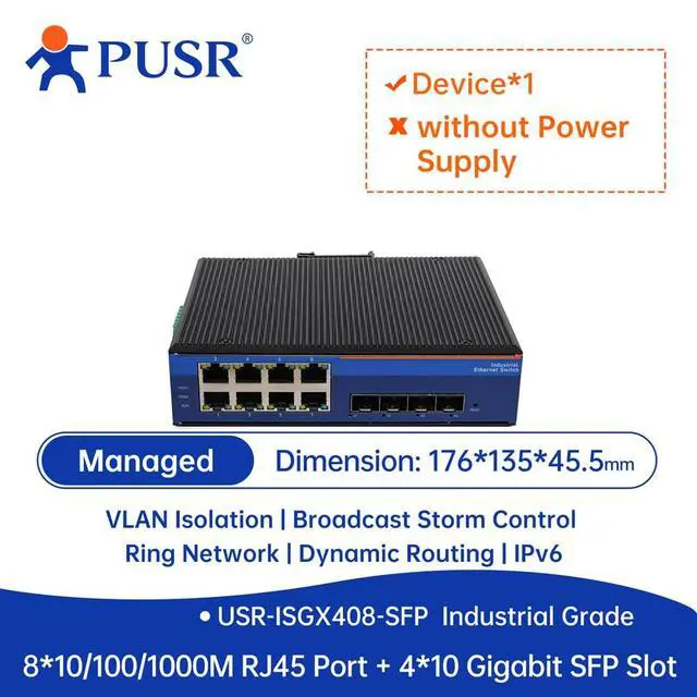 Alt view image 2 of 2 - 8*10/100/1000M RJ45 Port+4*10 Gigabit SFP Slot Industrial Gigabit Ethernet Switch Din-Rail Dust-proofdesign IP40protection USR-ISGX408-SFP