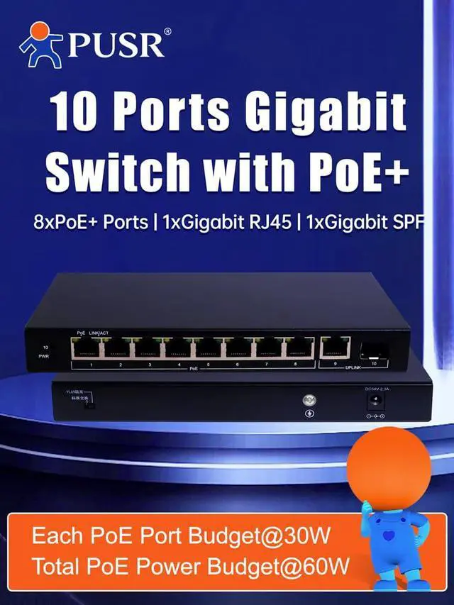 Alt view image 2 of 6 - 10 Port Gigabit PoE Switch with 8 PoE+ Metal Shell Desktop or Wall Mounting 1 Gigabit Ethernet and 1 SFP Port One-Click VLAN POE Out IEEE 802.3af/at Standard @60W Plug-and-Play USR-S1210P
