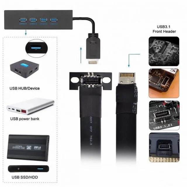 Alt view image 2 of 7 - Cable USB 3.2 Type-E IDC 20Pin Front Panel Header Male to Female Extension Cable 20Gbps