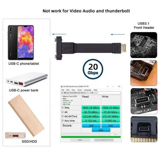 Alt view image 2 of 7 - Cable USB 3.2 Type-E IDC 20Pin Front Panel Header to USB-C Type-C Female Extension Cable 20Gbps with Panel Mount Screw