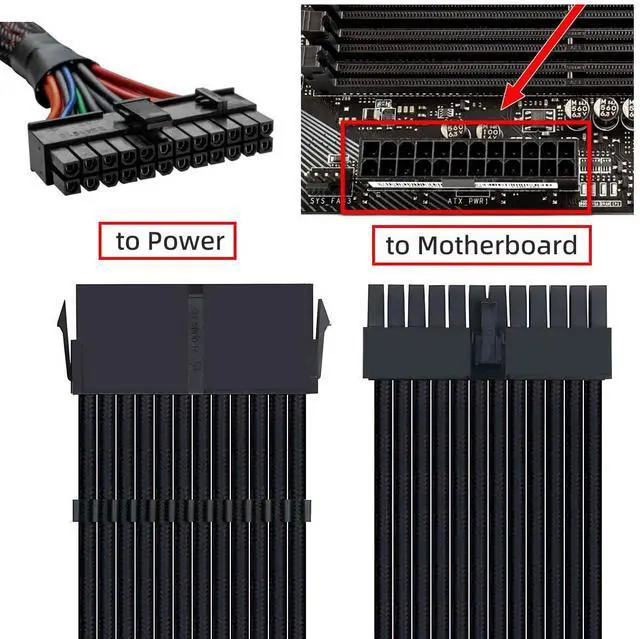 Alt view image 4 of 7 - ATX 24Pin Male to ATX 24pin Female Extension Power Cable Cord 30cm with Sleeve for Mainboard Motherboard Desktops PC Supply
