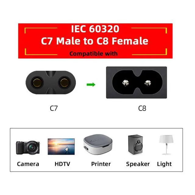Alt view image 4 of 7 - Cord IEC60320 C8 Plug to C7 Receptacle Male to Female Extension Supply Main Adapter Cable 30cm