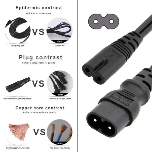 Alt view image 7 of 7 - Cord IEC60320 C8 Plug to C7 Receptacle Male to Female Extension Supply Main Adapter Cable 30cm