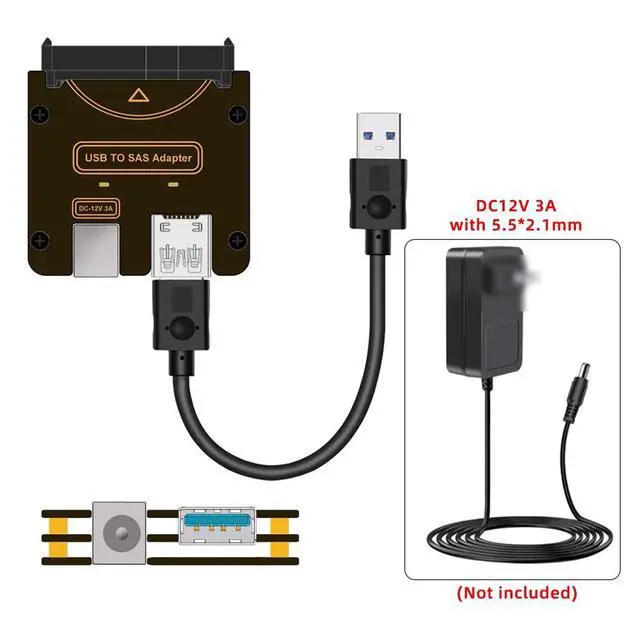 Alt view image 2 of 7 - SFF-8482 SAS 29Pin to USB3.0 5Gbps Hard Disk Drive Raid Adapter with Chipset and Power Port (Need 12V/3A Power Supply)