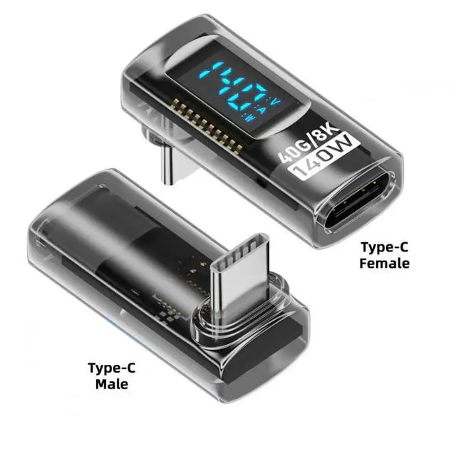 Alt view image 2 of 7 - Adapter Transparent Type-C Smart LED Display USB-C Male to Female Extension Adapter USB4.0 40Gbps 140W Up Down Angled 90 Degree Current Voltage Monitoring