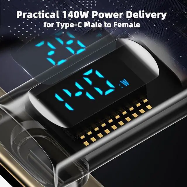 Alt view image 7 of 7 - Adapter Transparent Type-C Smart LED Display USB-C Male to Female Extension Adapter USB4.0 40Gbps 140W Up Down Angled 90 Degree Current Voltage Monitoring