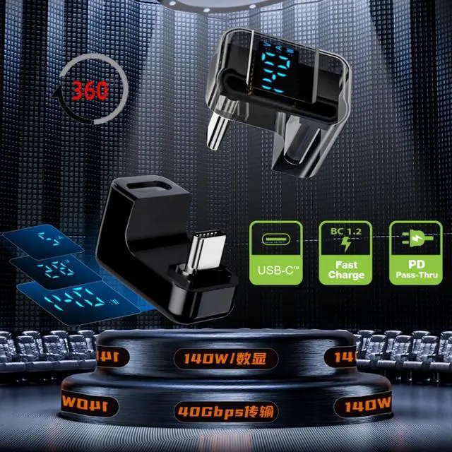 Alt view image 6 of 7 - Adapter Transparent Type-C Smart LED Display USB-C Male to Female Extension Adapter USB4.0 40Gbps 140W Opposite U Shape Back Angled Current Voltage Monitoring