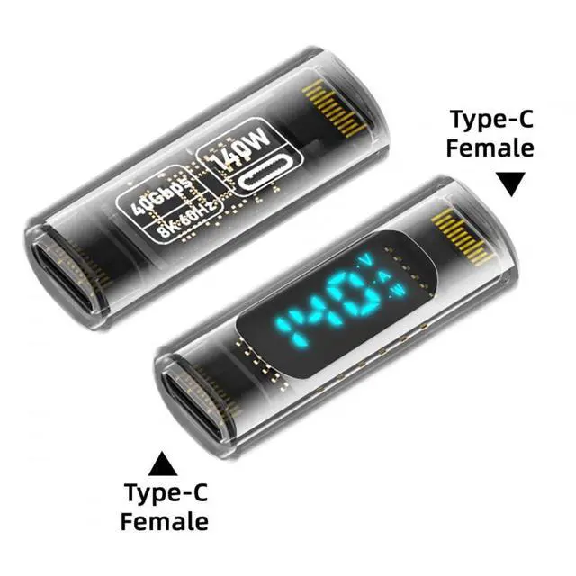 Alt view image 3 of 7 - Adapter Transparent Type-C Smart LED Display USB-C Female to Female Extension Adapter USB4.0 40Gbps 140W Current Voltage Monitoring Tester Detector