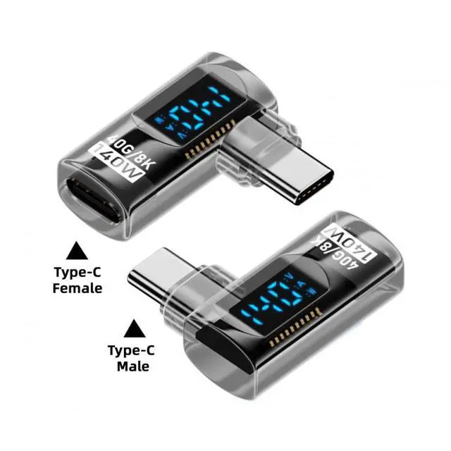 Alt view image 2 of 7 - Adapter Transparent Type-C Smart LED Display USB-C Male to Female Extension Adapter USB4.0 40Gbps 140W Left Right Angled 90 Degree Current Voltage Monitoring