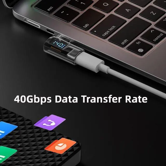 Alt view image 4 of 7 - Adapter Transparent Type-C Smart LED Display USB-C Male to Female Extension Adapter USB4.0 40Gbps 140W Left Right Angled 90 Degree Current Voltage Monitoring