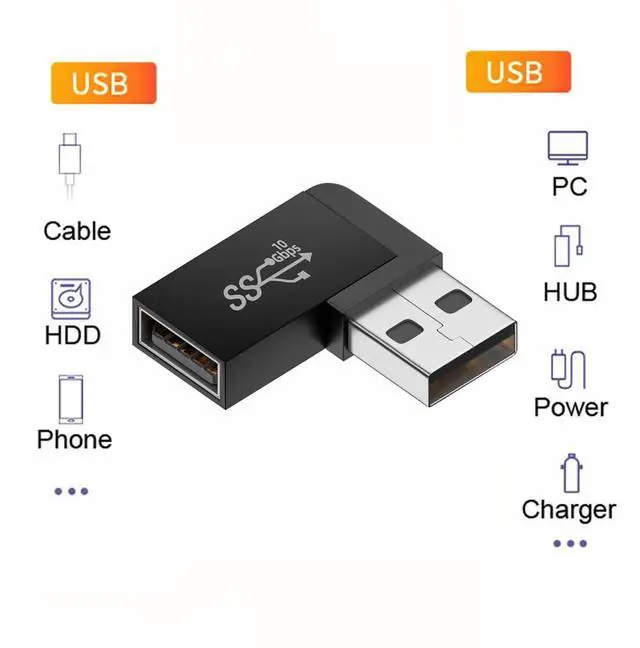 Alt view image 4 of 7 - 10Gbps USB3.0 Male to Female Extension Power Data Video Adapter 90 Degree Left Angled Type