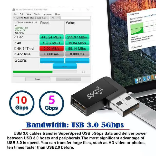 Alt view image 7 of 7 - 10Gbps USB3.0 Male to Female Extension Power Data Video Adapter 90 Degree Left Angled Type