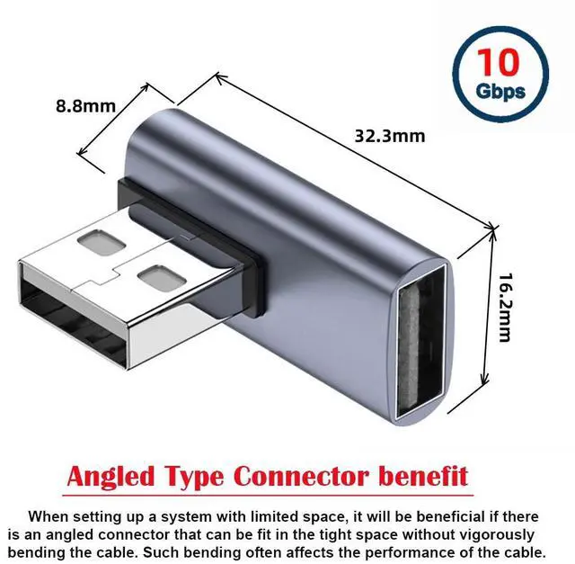 Alt view image 5 of 7 - 10Gbps USB3.0 Male to Female Extension Power Data Video Adapter Low Profile 90 Degree Right Angled Type
