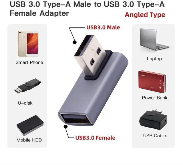 Alt view image 3 of 7 - 10Gbps USB3.0 Male to Female Extension Power Data Video Adapter Low Profile 90 Degree Right Angled Type