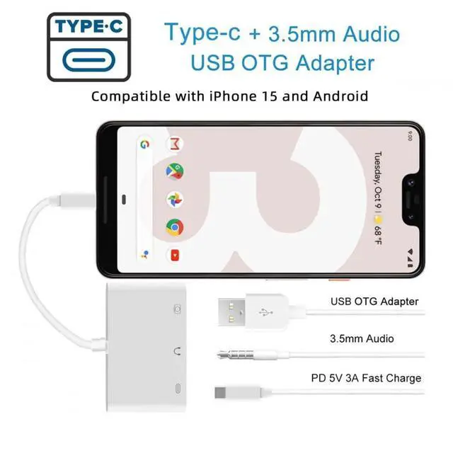 Alt view image 3 of 7 - Type C USB-C to 3.5mm Audio AUX & Type-A USB2.0 OTG Female with PD Power Charge Adapter Compatible with Laptop Tablet Phone