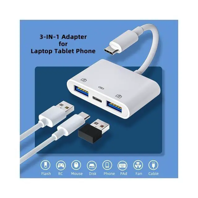 Alt view image 6 of 7 - Type C USB-C to Dual Type-A USB3.0 Female with PD Power Charge Adapter Compatible with Laptop Tablet Phone
